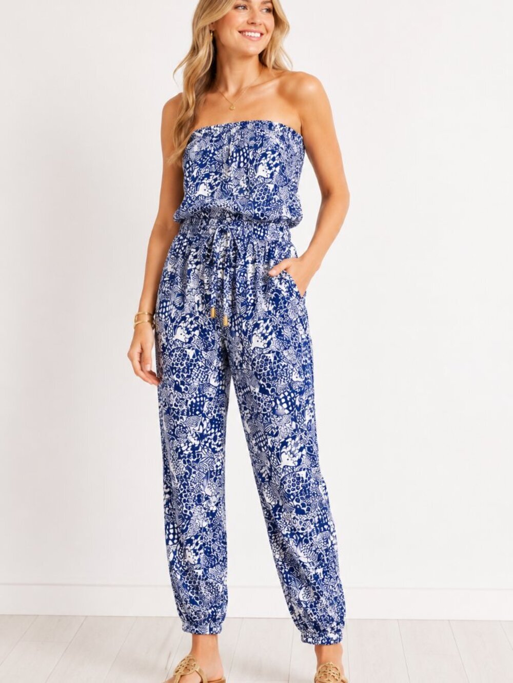 Lilly Pulitzer for Target Strapless Jumpsuit XL Blue White Print Rayon